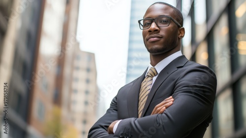 Confident Businessman in Suit and Glasses Standing in Urban Setting