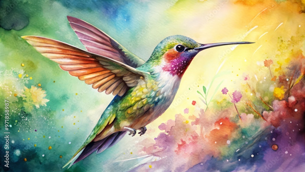 Fototapeta premium * Delicate hues of pink and blue dance across the canvas as a hummingbird's iridescent wings beat rapidly