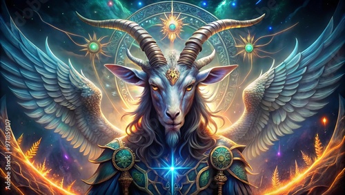 A mystical, horned deity with wings and a goat's head, surrounded by arcane symbols and mystical aura, exuding photo