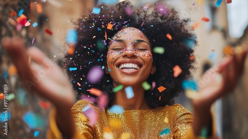 Joyful woman with afro hair celebrating amidst colorful confetti, her radiant smile and golden outfit exuding pure happiness and festive energy.