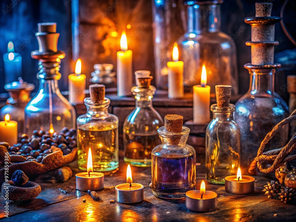 Ancient, mysterious glass vials filled with glowing elixirs, surrounded by twinkling candles, mysterious scrolls, and Ancient, mysterious glass vials filled with glowing elixirs, surrounded by twinkling candles, mysterious scrolls, and