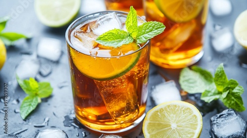 Refreshing iced tea cocktails garnished with zesty lime slices and fresh mint leaves, served on a cool slate surface with ice cubes and citrus fruits.