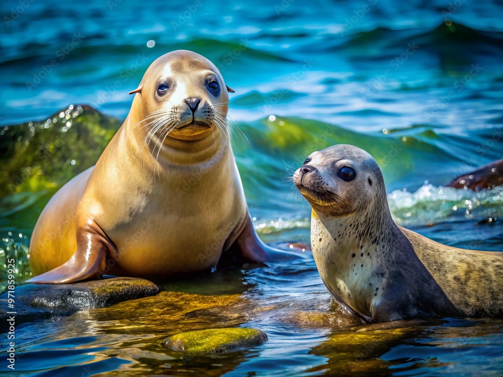 Naklejka premium A playful sea lion swims alongside a resting harbor seal on a sunny rocky coastline, showcasing their unique