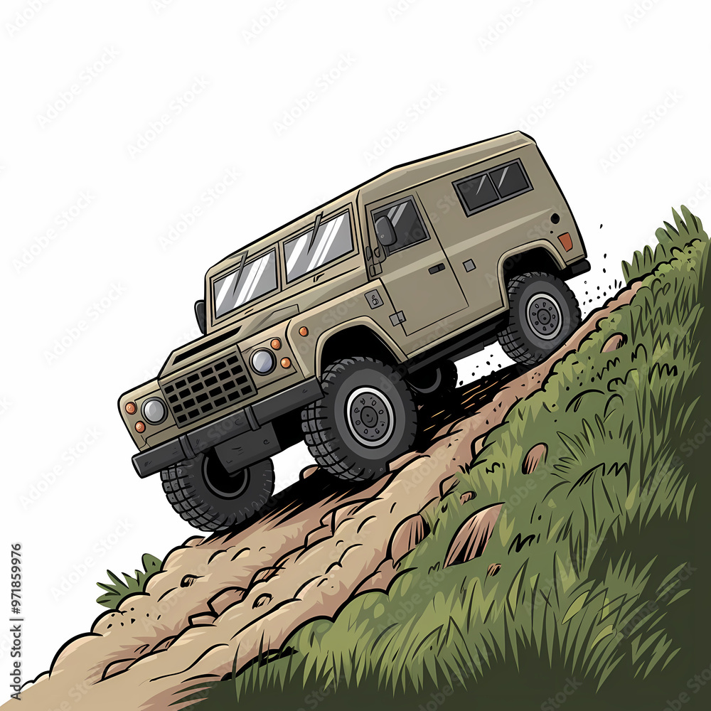 Obraz premium A military-grade off-road vehicle climbing a steep hill, Doodle illustration