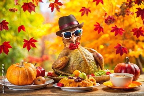 A playful turkey wearing sunglasses and a party hat sits at a table laden with traditional Thanksgiving dishes, photo