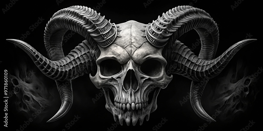 Eerie black and white photography reveals a skull with menacing horns, radiating an air of darkness and mystique. Eerie black and white photography reveals a skull with menacing horns, radiating an air of darkness and mystique.