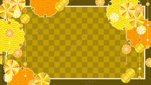 秋色のレトロポップな和風背景、華やかな黄色