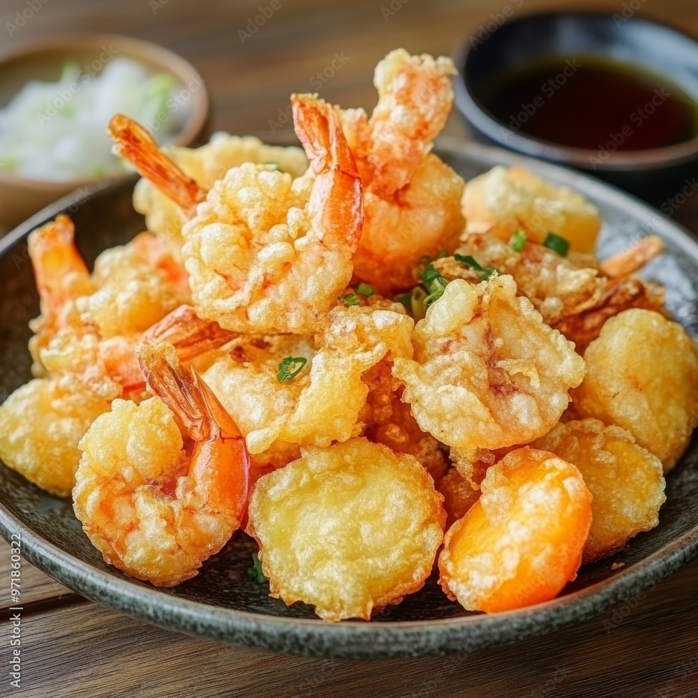 Crispy fried shrimp served in a bowl on a wooden table with dipping sauce Crispy fried shrimp served in a bowl on a wooden table with dipping sauce