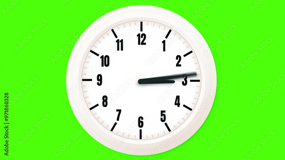 Animation white wall large clock on green screen background