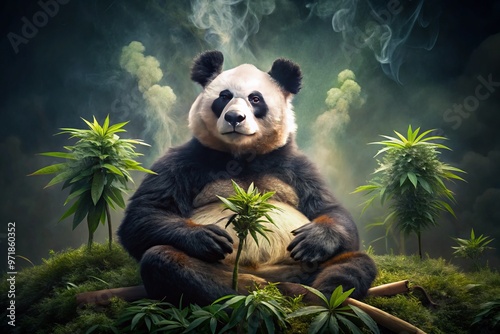 A relaxed giant panda sits amidst a cloud of smoke, surrounded by cannabis leaves and rolled joints, with photo