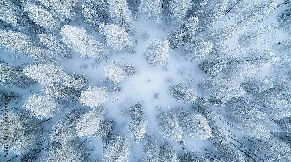 Snowy forest in winter captured from above by drone Snowy forest in winter captured from above by drone
