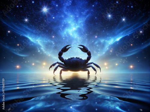 A serene and contemplative crab silhouette sits amidst a starry night sky, surrounded by subtle water ripples, evoking photo