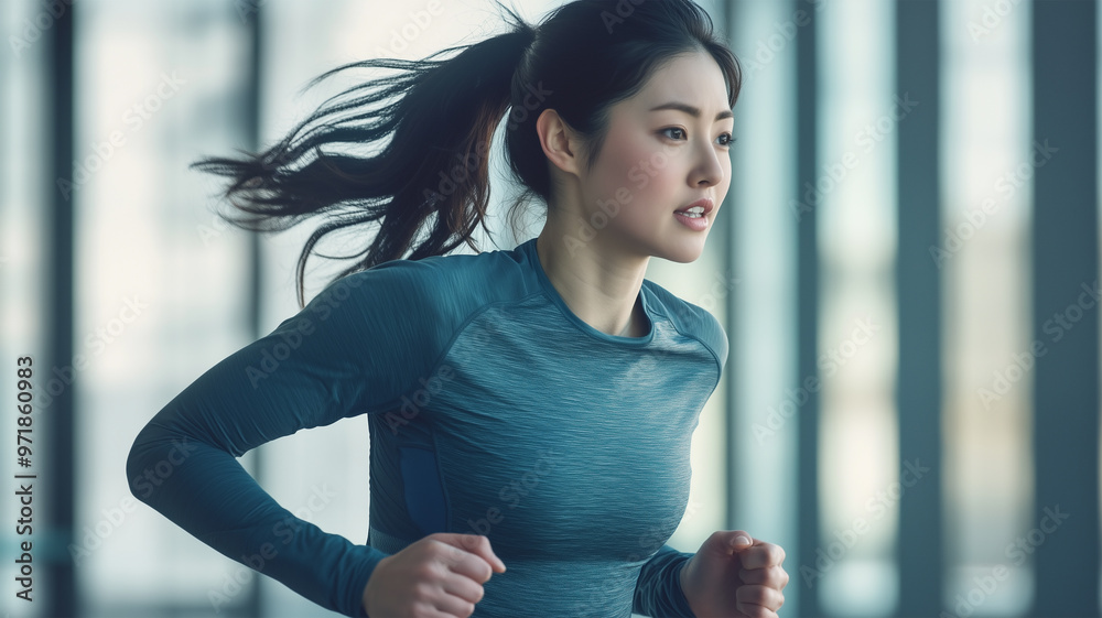 室内でランニングする美しい若い日本人女性 室内でランニングする美しい若い日本人女性