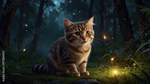 realistic illustration of a cute cat in the forest in night view