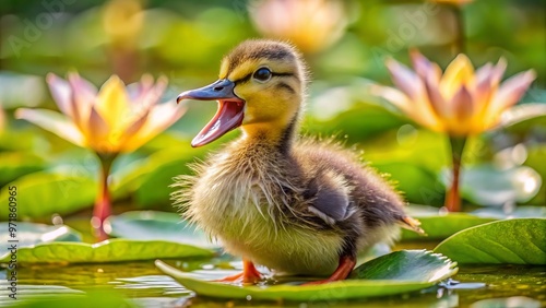 Flapping wings tremble beneath puffed feathers as the angry duckling confronts the stillness of the water lilies, its photo