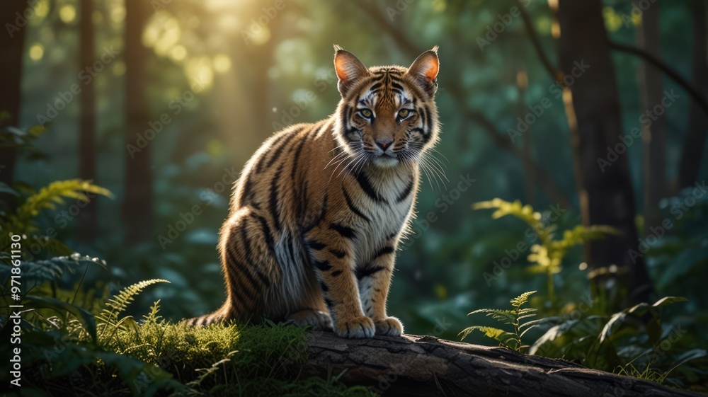 realistic illustration of a cute cat in the forest in day view realistic illustration of a cute cat in the forest in day view