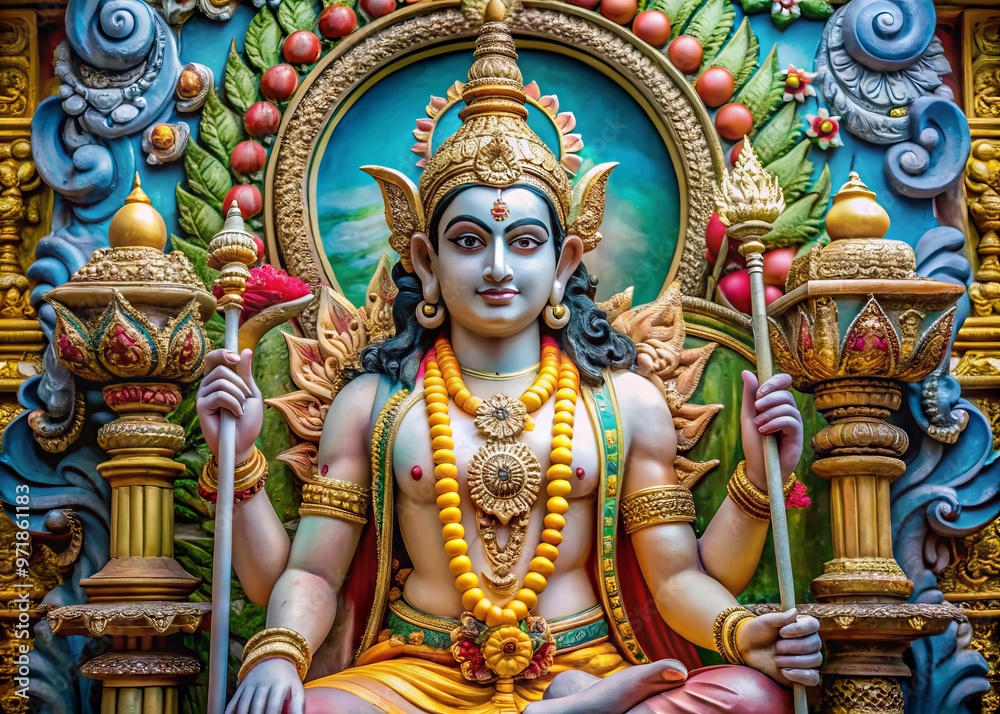 A serene Hindu deity with a calm expression, holding a trident and seated on a throne, surrounded by A serene Hindu deity with a calm expression, holding a trident and seated on a throne, surrounded by