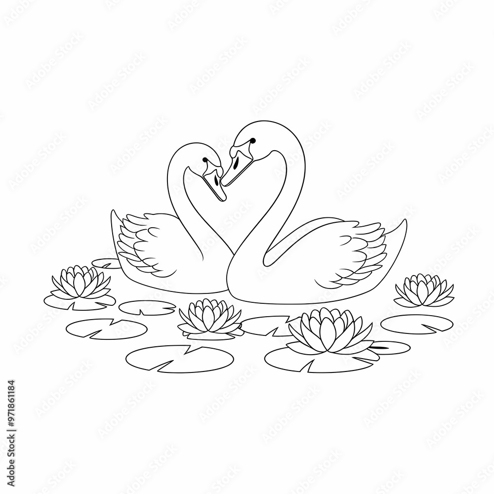 A pair of swans surrounded by water lilies, Minimalist One Line illustration A pair of swans surrounded by water lilies, Minimalist One Line illustration