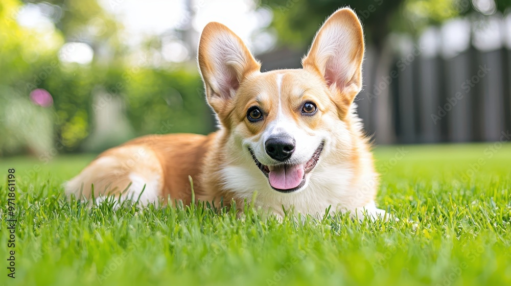 Happy Pembroke Welsh Corgi Puppy Lying in Grass
