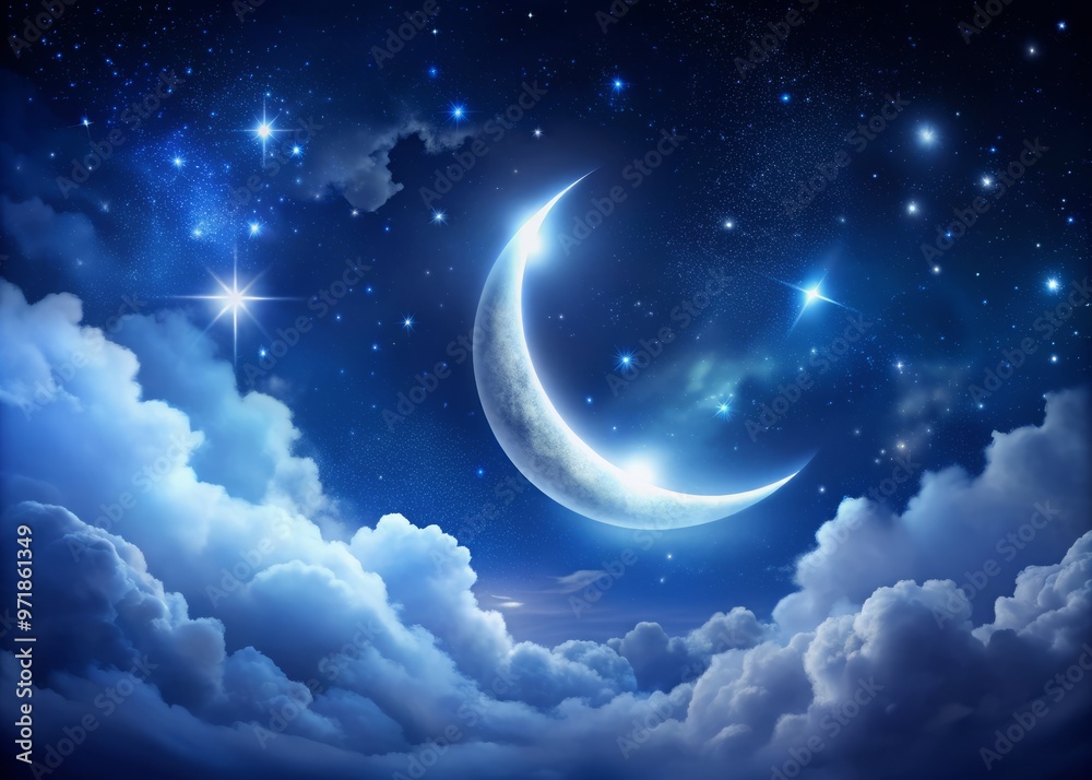 Obraz premium A serene, white crescent moon glows softly against a dark blue starry night sky, surrounded by subtle, swirling