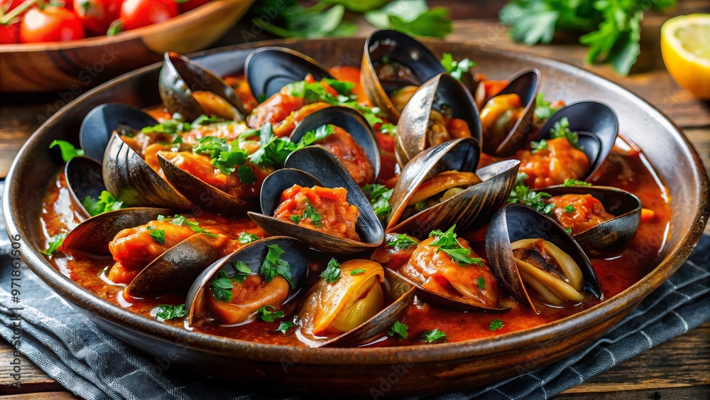 Freshly harvested mussels cooked to perfection in a rich and tangy marinara sauce, ideal for seafood connoisseurs Freshly harvested mussels cooked to perfection in a rich and tangy marinara sauce, ideal for seafood connoisseurs