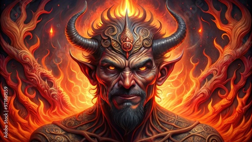 A sinister, crimson-skinned devil with horns and a goatee, surrounded by fiery flames and abstract, swirling patterns, photo