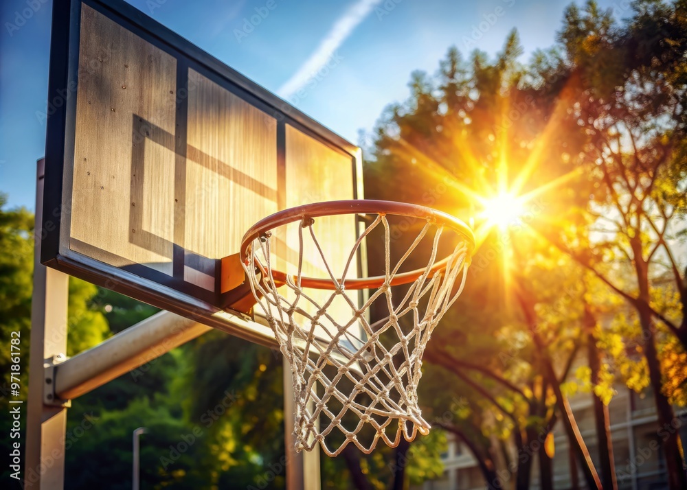 A sleek, modern basketball hoop stands tall, its sturdy rim and net illuminated by bright sunlight, set against