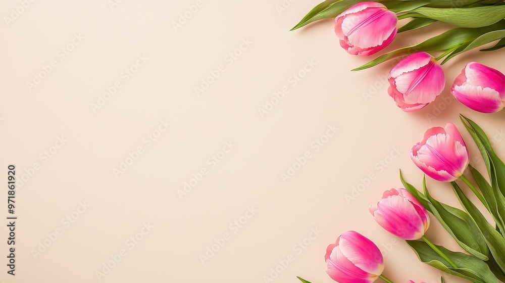 Obraz premium Pink Tulips Border on Beige Background