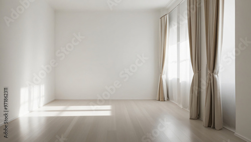 Empty wall mockup. Empty room with a white wall and wood floor. 3D illustration.