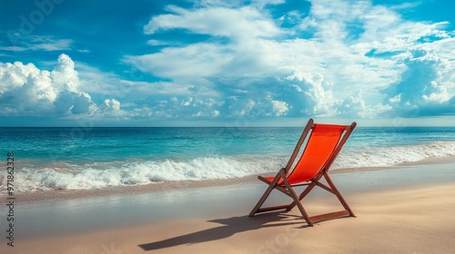 Vibrant red beach chair awaits on golden sand, inviting relaxation by turquoise waters under a dramatic sky of billowing clouds, promising a perfect tropical getaway.