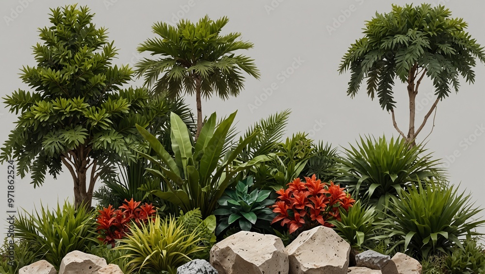 Lush greenery and vibrant plants with rocks in a garden setting Lush greenery and vibrant plants with rocks in a garden setting