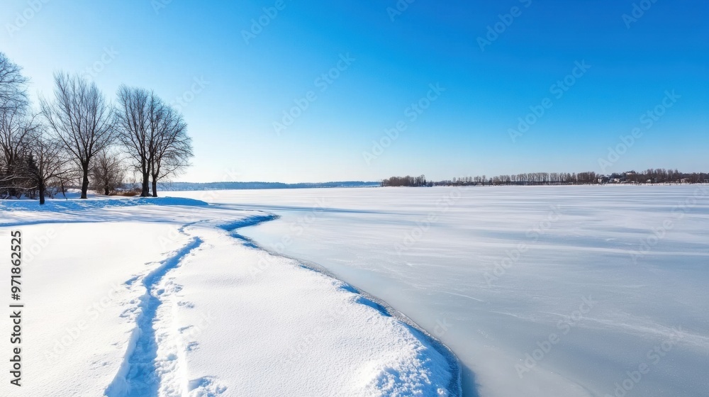 Pristine Frozen Lake Landscape with Snow Covered Trees in Winter Wonderland Pristine Frozen Lake Landscape with Snow Covered Trees in Winter Wonderland