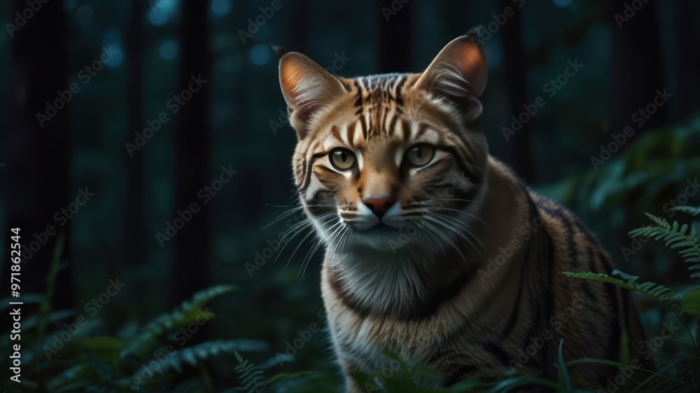 Fototapeta premium realistic illustration of a cute cat in the forest in night view