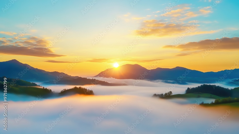 Fototapeta premium Breathtaking Sunrise Over Misty Mountain Lake Landscape