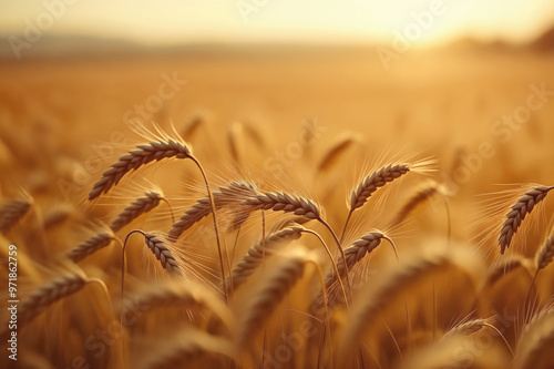 Golden stalks of wheat sway gently in a sunlit field, their delicate awns illuminated by the warm light.