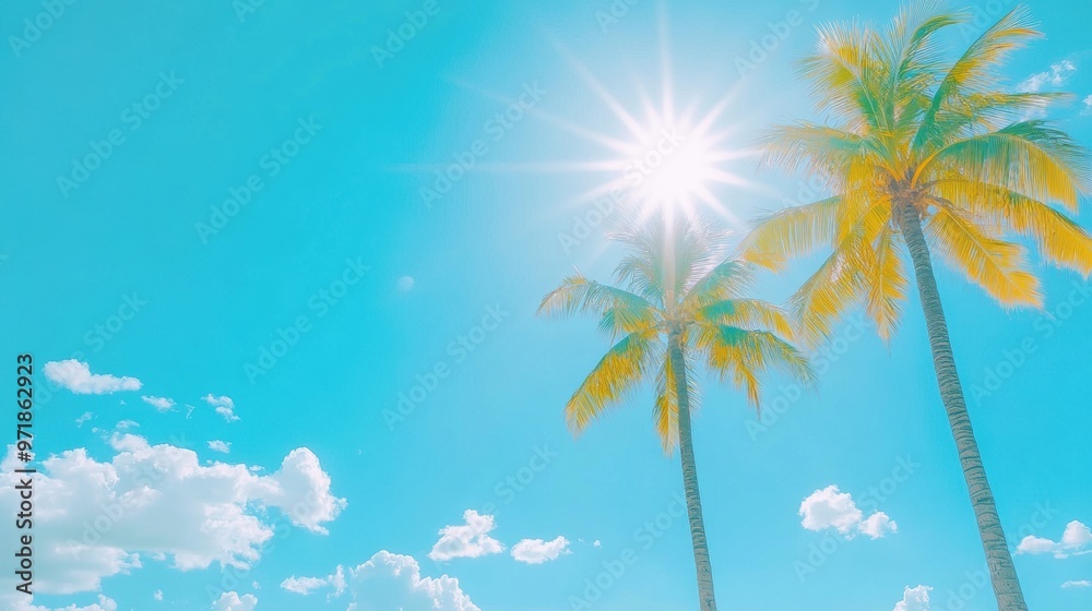 Sunny tropical beach scene with palm trees and clear blue sky