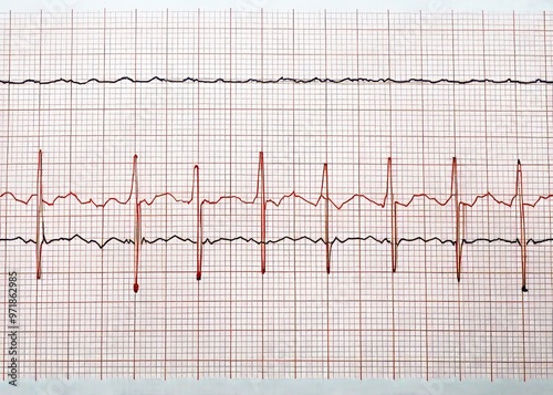 A standard 12-lead electrocardiogram printed on paper, showing a normal heart rhythm with P-waves, QRS complexes, and photo