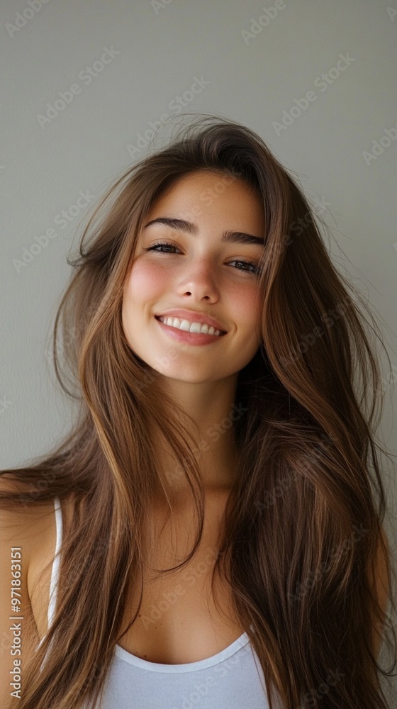 Radiant young woman with flowing brunette hair and a warm, genuine smile, exuding confidence and natural beauty against a simple neutral background. Radiant young woman with flowing brunette hair and a warm, genuine smile, exuding confidence and natural beauty against a simple neutral background.