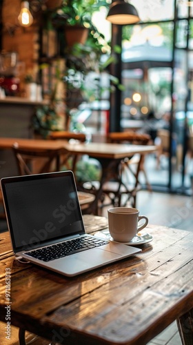 Cozy cafe ambiance with laptop and coffee cup on rustic wooden table, surrounded by warm lighting and lush plants, perfect for remote work.