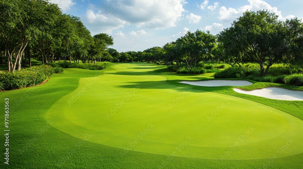 Green Golf Course Fairway with Sand Trap and Trees Green Golf Course Fairway with Sand Trap and Trees