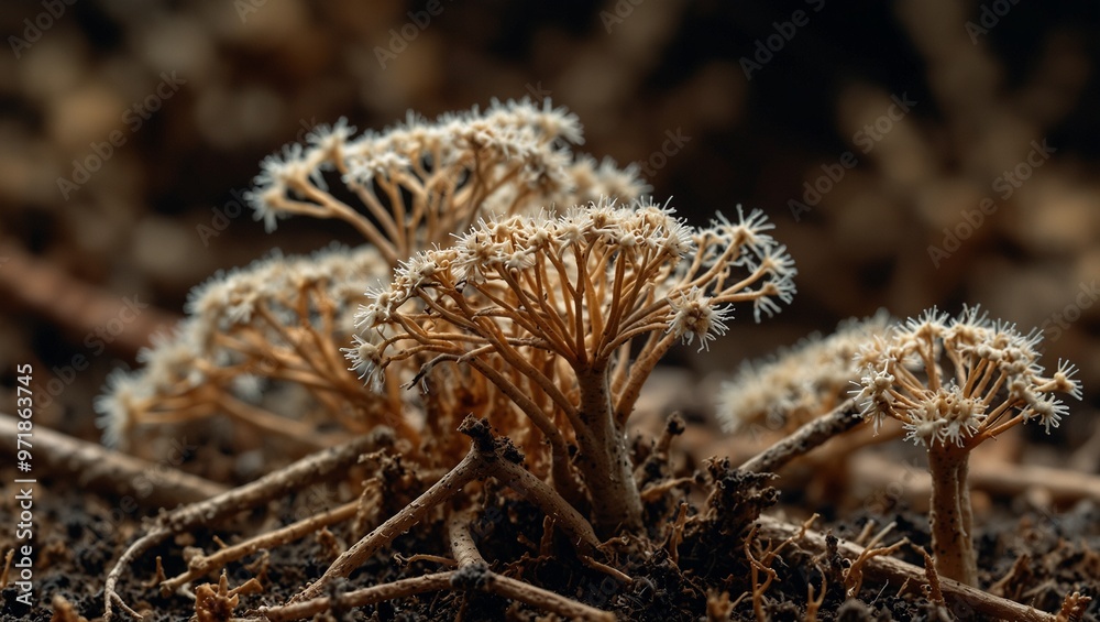Close-up of delicate fungi growing out of soil, displaying its details. Close-up of delicate fungi growing out of soil, displaying its details.