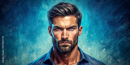 A stylized digital illustration of a confident adult male figure with a strong facial expression, set against a