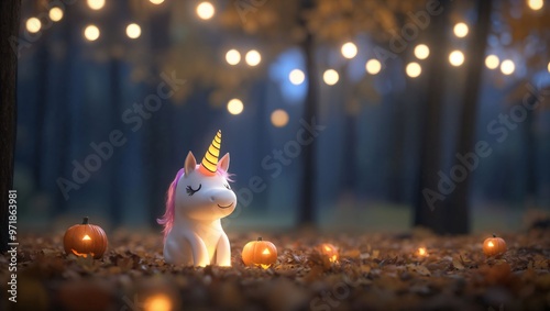 In a misty forest, a glowing unicorn smiles gently amidst glowing pumpkins, casting a magical ambiance as twinkling lights shimmer above autumn leaves, evoking joy and wonder. photo