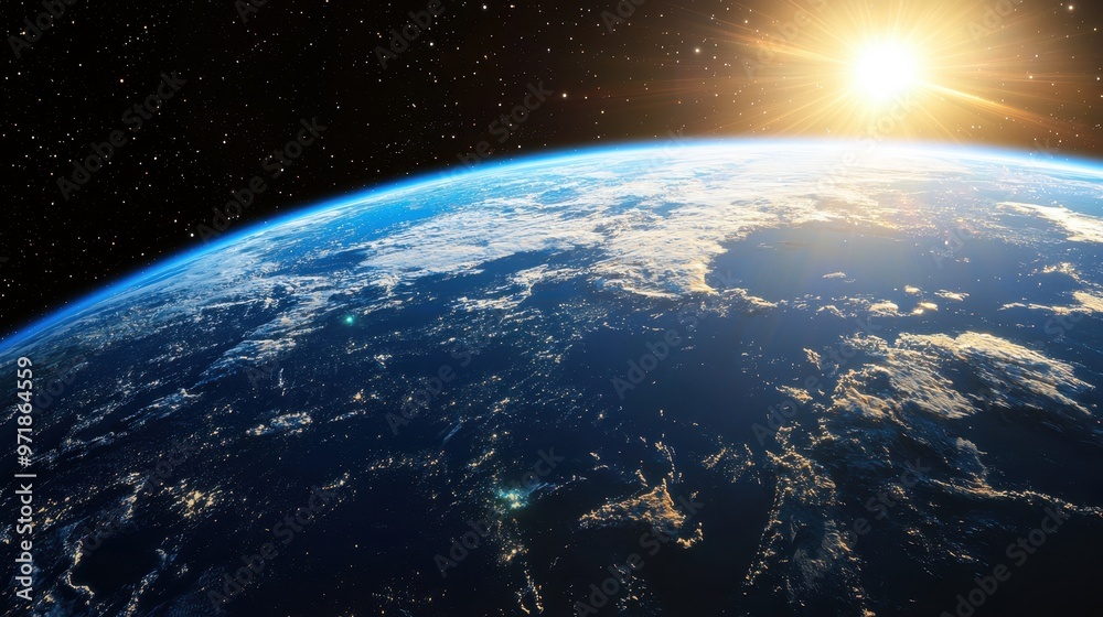 Obraz premium Earthrise from Space with Sun Rays and Stars