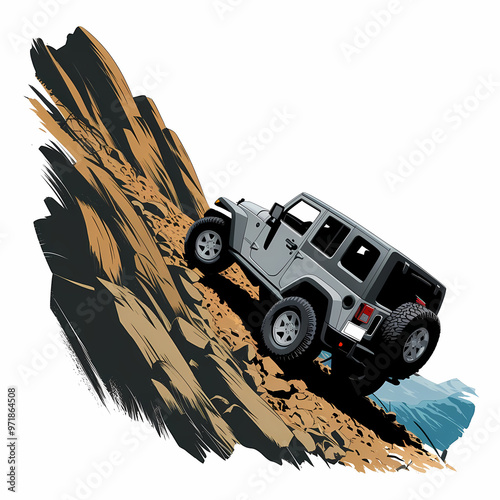 A rugged 4x4 vehicle climbing a steep rocky mountain, Realistic illustration