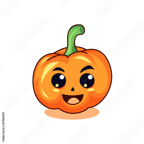 A cheerful cartoon pumpkin with big, shiny eyes and a wide smile. The green stem curves playfully, enhancing its cute and vibrant appearance.