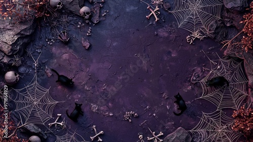 A top view of an empty 3D spooky scene with cobwebs, black cats, and scattered bones on a dark purple background photo