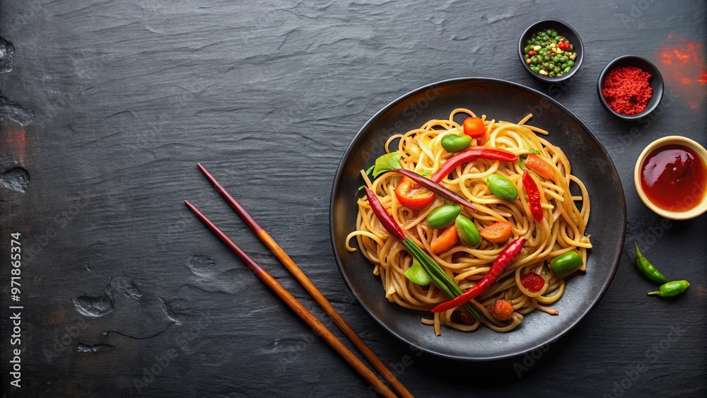 A black plate with noodles, vegetables, chopsticks, and chili sauce for a tasty Asian meal A black plate with noodles, vegetables, chopsticks, and chili sauce for a tasty Asian meal