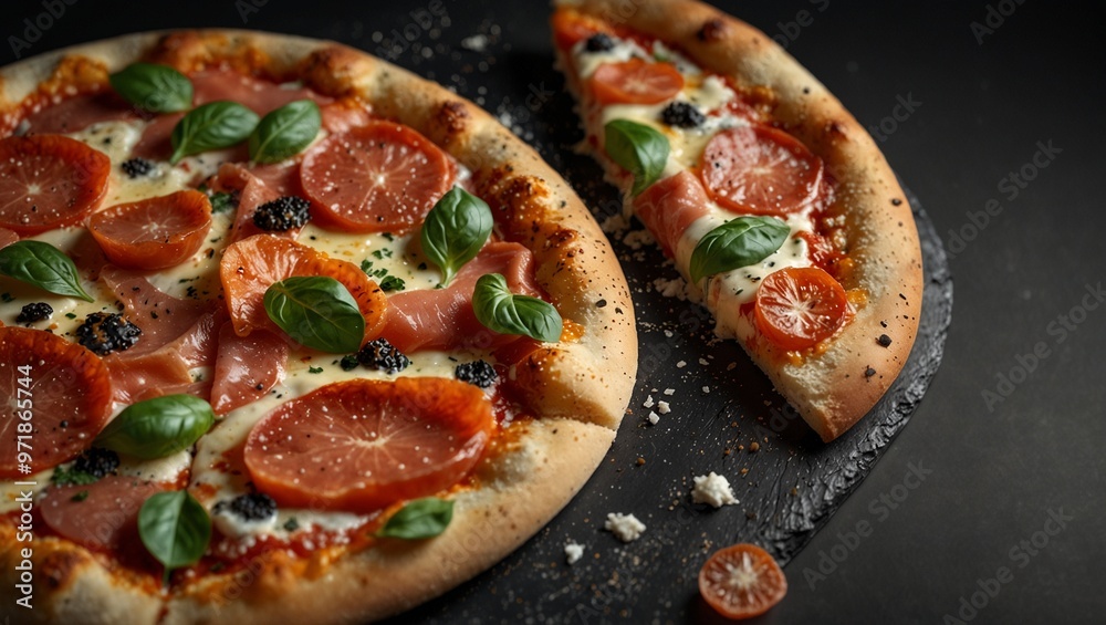 Delicious gourmet pizza topped with basil, meats, and citrus slices. Delicious gourmet pizza topped with basil, meats, and citrus slices.