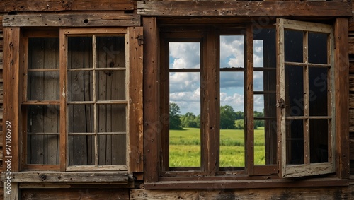 Rustic wooden windows with a view of green fields and blue skies.